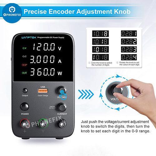 Adjustable PHONEFIX DC Power Supply with 30V/60V and 5/10A output, used for phone repair and electronics testing.