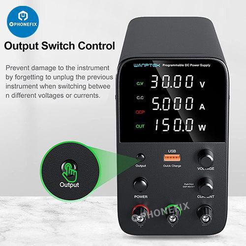 Adjustable PHONEFIX DC power supply with 30V/60V voltage and 5/10A current for electronics testing and repair.