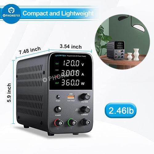 Adjustable PHONEFIX DC power supply showing digital display and control knobs for 30V/10A voltage regulation.