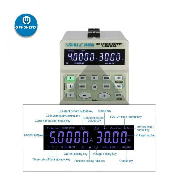 YiHua 3005D 30V 5A LCD digital display regulated DC power supply showing controls and display panel.