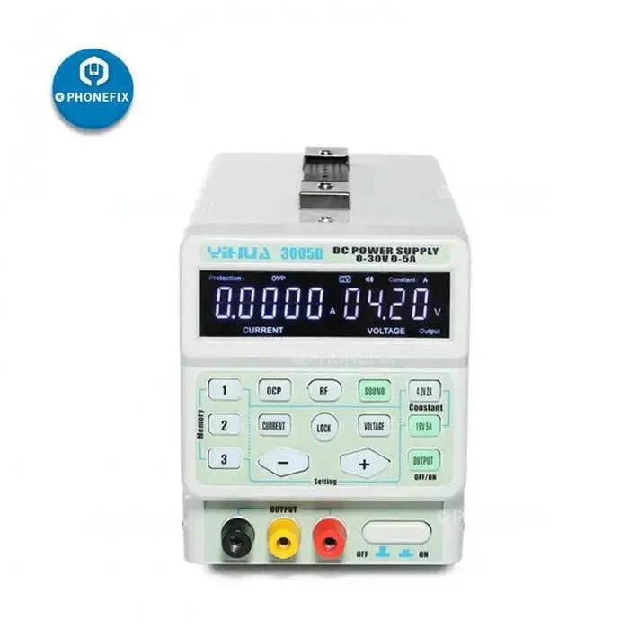 YiHua 3005D 30V 5A LCD digital display regulated DC power supply showing voltage and current readouts.