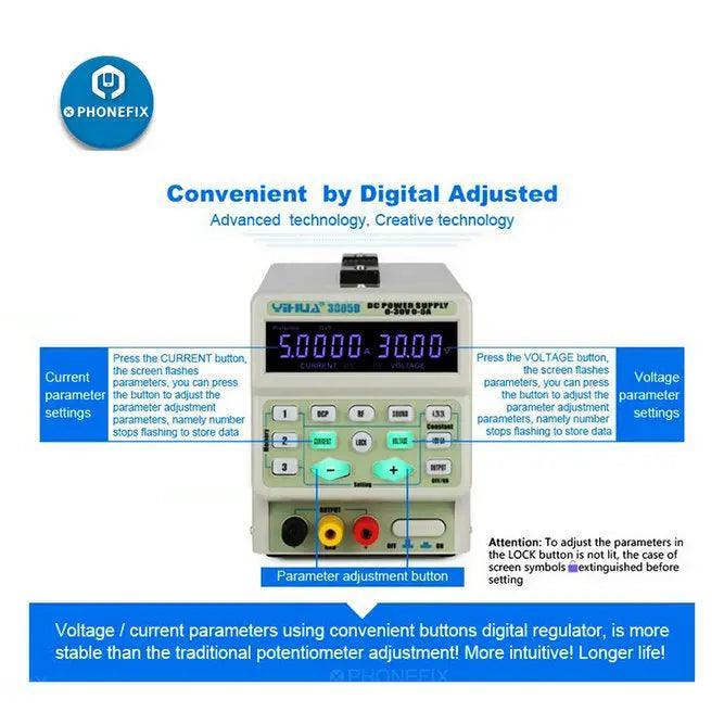 YiHua 3005D 30V 5A LCD digital display regulated DC power supply showing controls and voltage display.