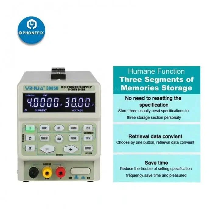 YiHua 3005D 30V 5A LCD digital display regulated DC power supply for electronic projects and testing.