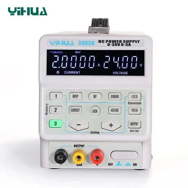 YIHUA 3005D adjustable laboratory DC power supply by PHONEFIX showing digital display and control knobs for precise voltage and current.