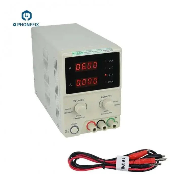 PHONEFIX KORAD KD3005D precision adjustable DC power supply showing front panel with digital display and control knobs.