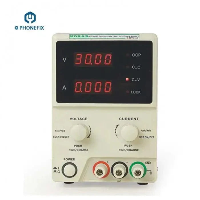 PHONEFIX KORAD KD3005D precision adjustable DC power supply showing voltage and current controls in a compact design.