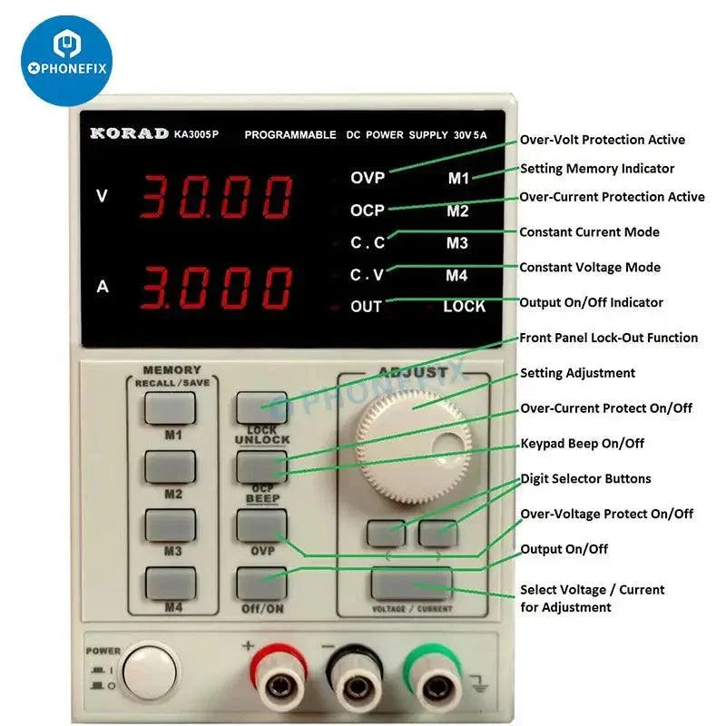 PHONEFIX KORAD KD3005D precision adjustable DC power supply showing digital display, control knobs, and input port for 30V 5A output