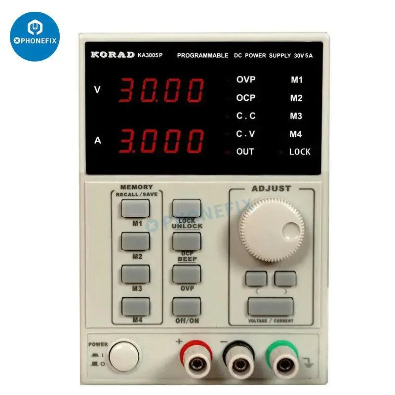 KORAD KD3005D precision adjustable DC power supply displaying voltage and current settings with digital screen and control knobs.