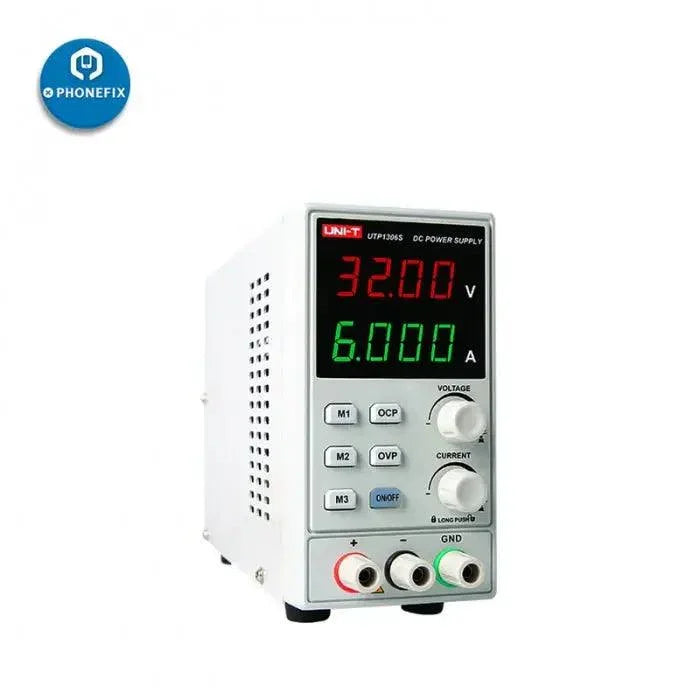 Alimentation CC UNI-T UTP1306S avec affichage numérique de la tension et du courant, commandes réglables et bornes de connexion.