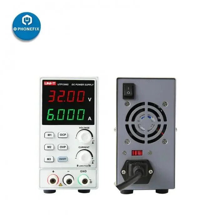 Alimentation CC UNI-T UTP1306S présentant des commandes de tension et de courant réglables sur un dispositif linéaire compact.