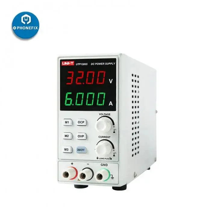 UNI-T UTP1306S 0-32V 0-6A DC adjustable linear power supply with control knobs and display, used for electronic testing and lab work
