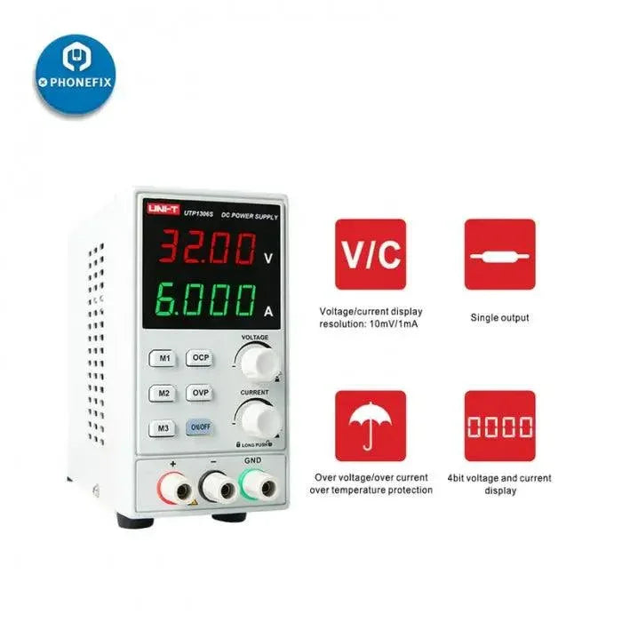 UNI-T UTP1306S DC power supply showing adjustable voltage and current controls on a compact linear power source.