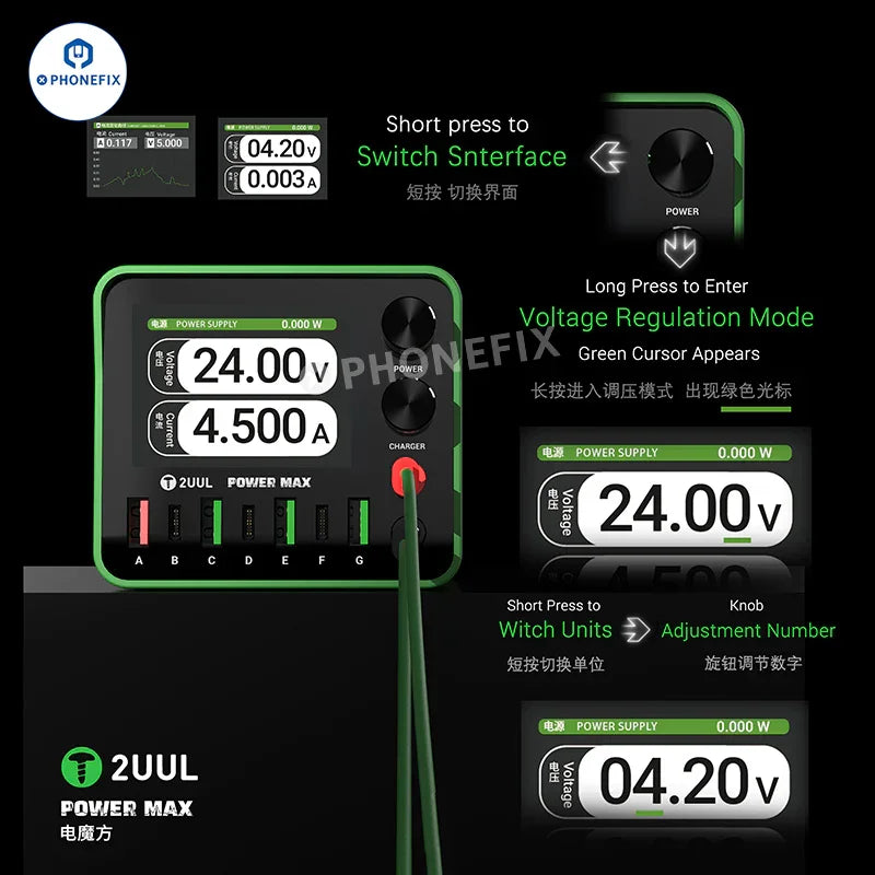 PhoneFix 2UUL PC01 POWER MAX adjustable voltage DC power supply showing control knobs and digital display on a workbench.