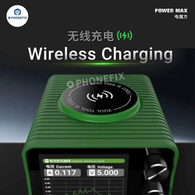 2UUL PC01 POWER MAX adjustable voltage DC power supply from PHONEFIX, showing the front panel with control knobs and digital display.