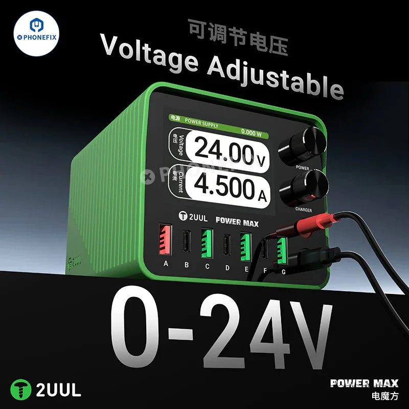 PHONEFIX 2UUL PC01 POWER MAX DC power supply with adjustable voltage, compact design, and multiple connection ports.