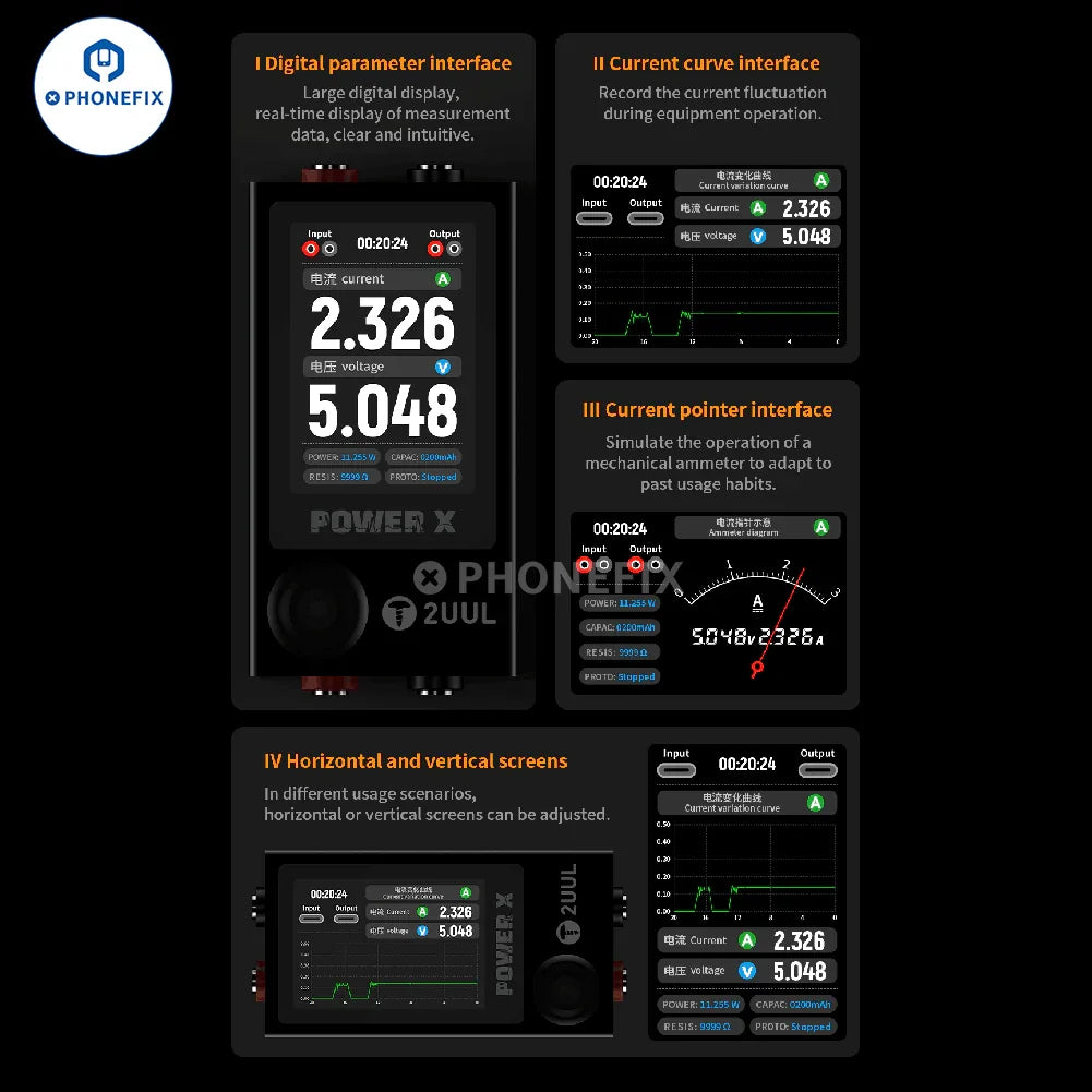 PhoneFix 2UUL POWER X DC power supply with real-time voltage and current display and tester pointer for accurate readings.