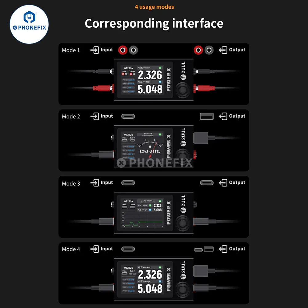PhoneFix 2UUL POWER X DC power supply with voltage and current tester, real-time display, compact electronic testing device.