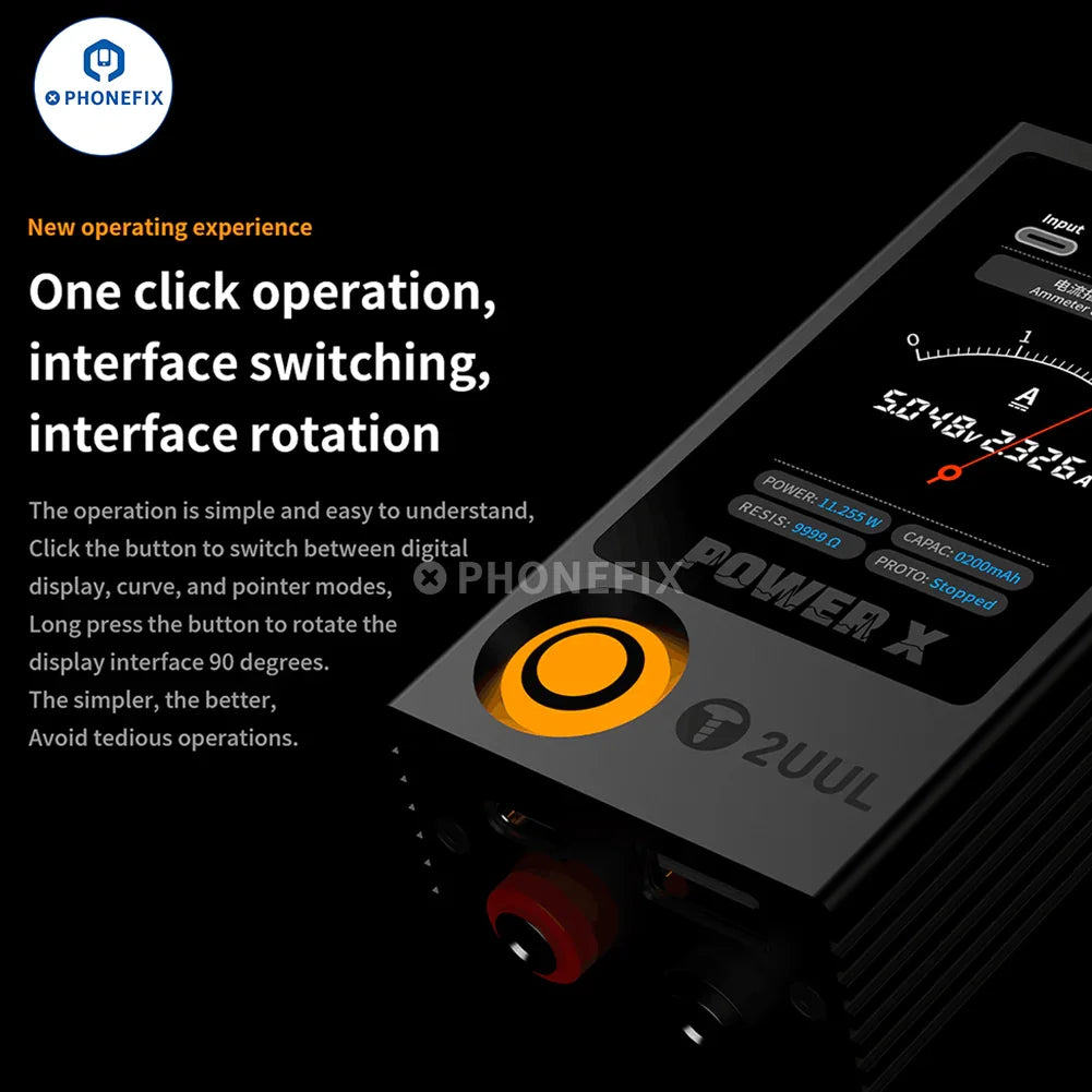 PhoneFix 2UUL POWER X DC power supply with voltage and current tester, real-time display for accurate readings.