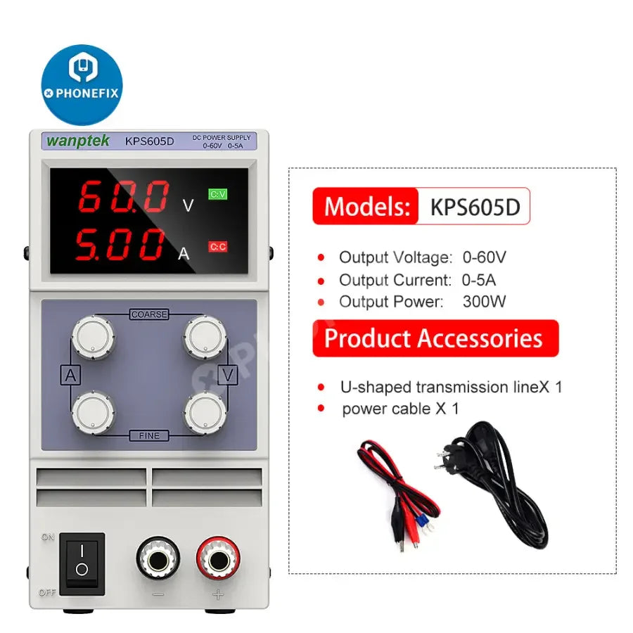 Alimentation CC PhoneFix avec régulateur et stabilisateur de tension, source d'alimentation variable à découpage pour tests et réparations électroniques.