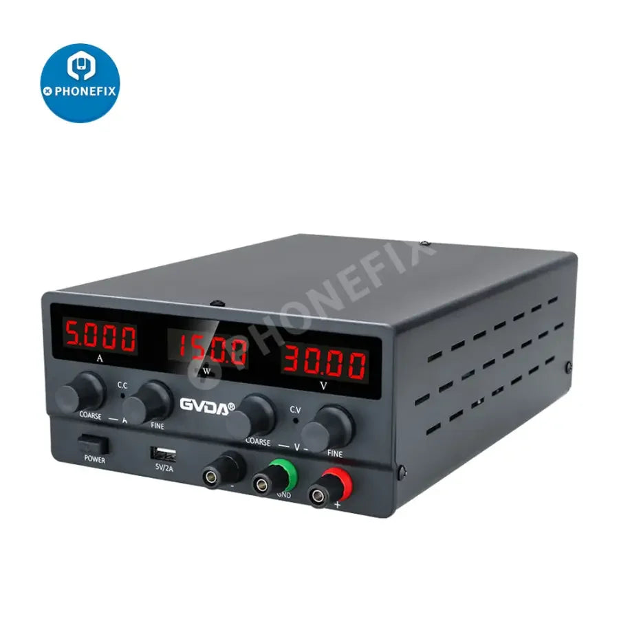 PHONEFIX USB DC regulated laboratory power supply with adjustable voltage and current, featuring clear digital display and US plug.