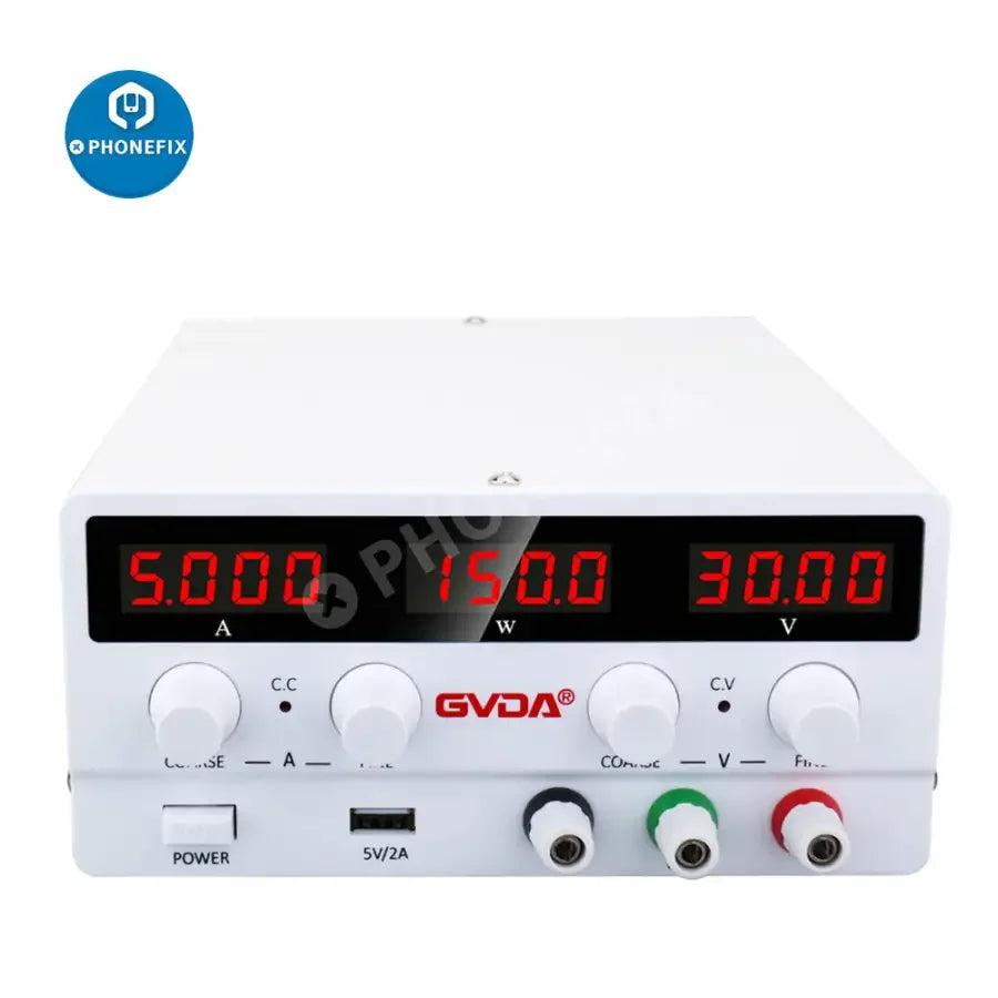 PHONEFIX USB DC regulated laboratory power supply with adjustable voltage and current, featuring US plug and digital display.