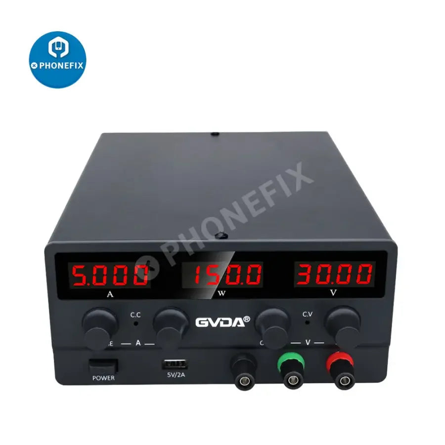 PhoneFix USB DC regulated laboratory power supply with adjustable voltage and current, featuring a US plug and digital display.