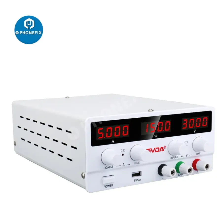 PHONEFIX USB DC regulated laboratory power supply with adjustable voltage and current, featuring a digital display and US plug.