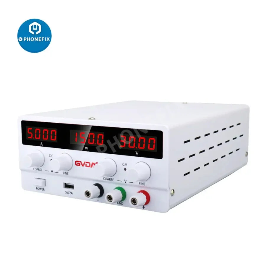 PHONEFIX USB DC regulated laboratory power supply with adjustable voltage and current, featuring a digital display and US plug.