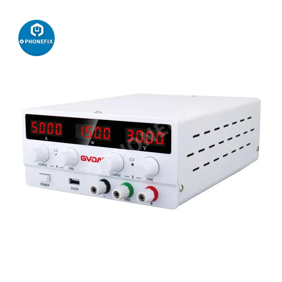 Phonefix USB DC regulated laboratory power supply with adjustable voltage and current display, US plug, and stabilizer features.