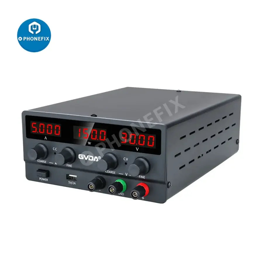 PhoneFix USB DC regulated laboratory power supply with adjustable voltage and current, 30V, 10A, US plug, stable DC output.