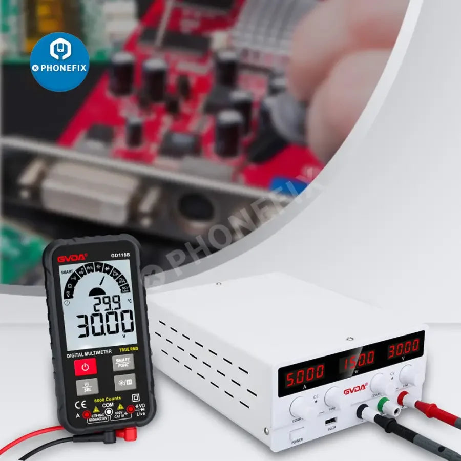 PHONEFIX USB DC regulated laboratory power supply with adjustable voltage and current, featuring US plug and digital display.