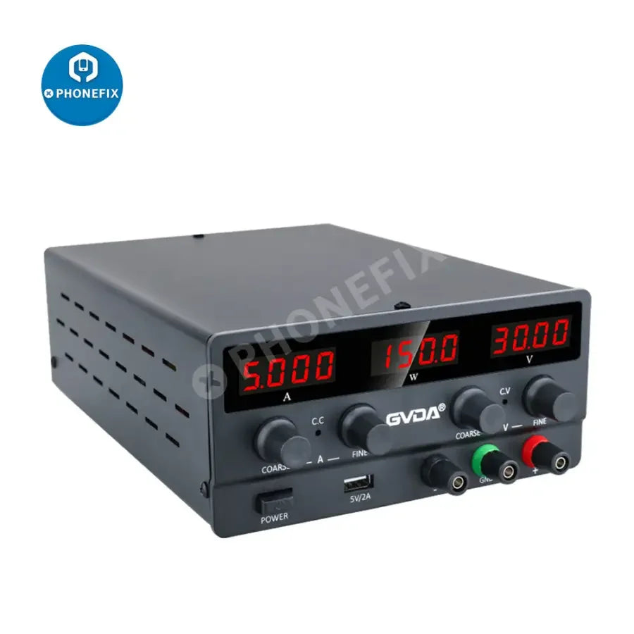 PhoneFIX USB DC regulated laboratory power supply with adjustable voltage and current, featuring US plug and digital display.