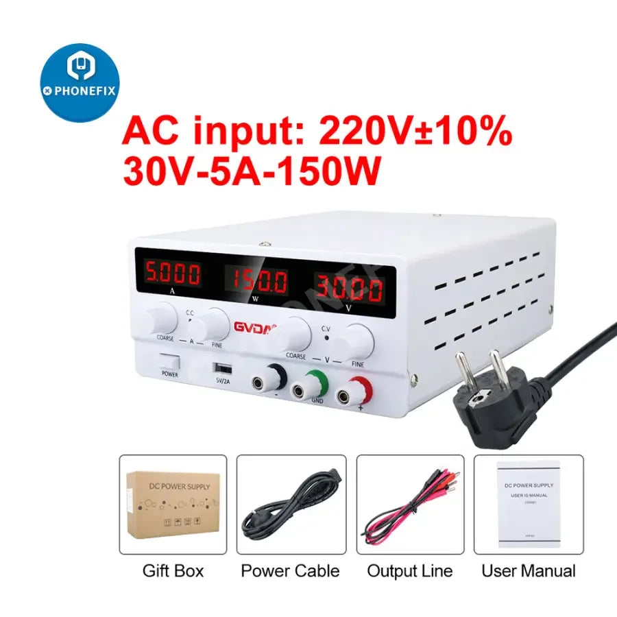 USB DC regulated laboratory power supply by PHONEFIX with adjustable voltage and current, featuring a digital display and US plug.