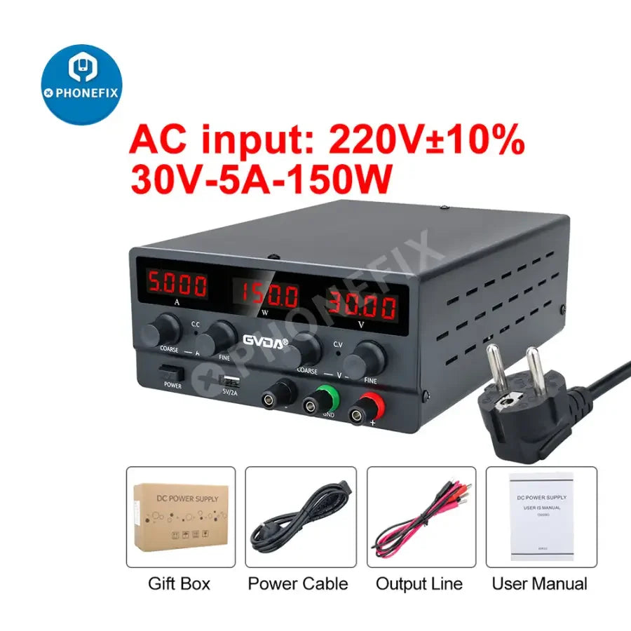 PhoneFIX USB DC regulated laboratory power supply with adjustable voltage and current, US plug, compact and stable design.