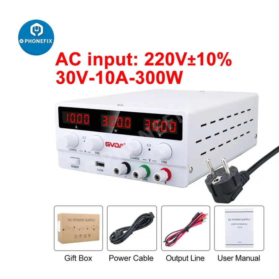 USB DC regulated laboratory power supply from PHONEFIX, adjustable voltage and current, with digital display and US plug.
