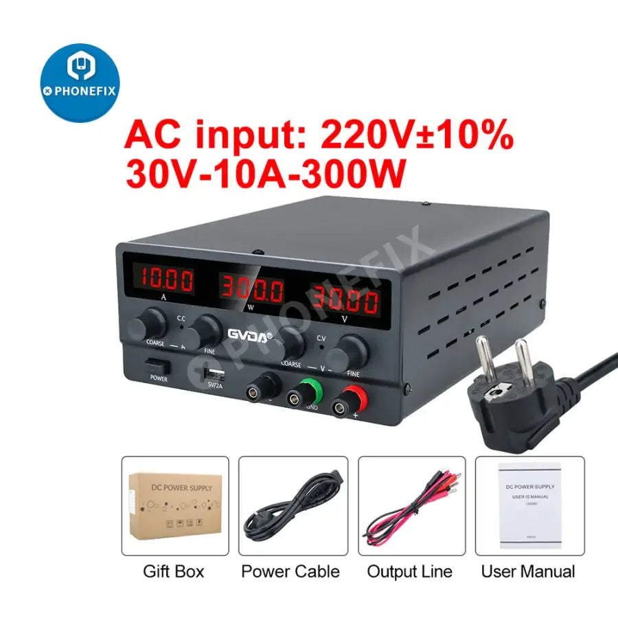 PHONEFIX USB DC regulated laboratory power supply with adjustable voltage and current, featuring a digital display and US plug.