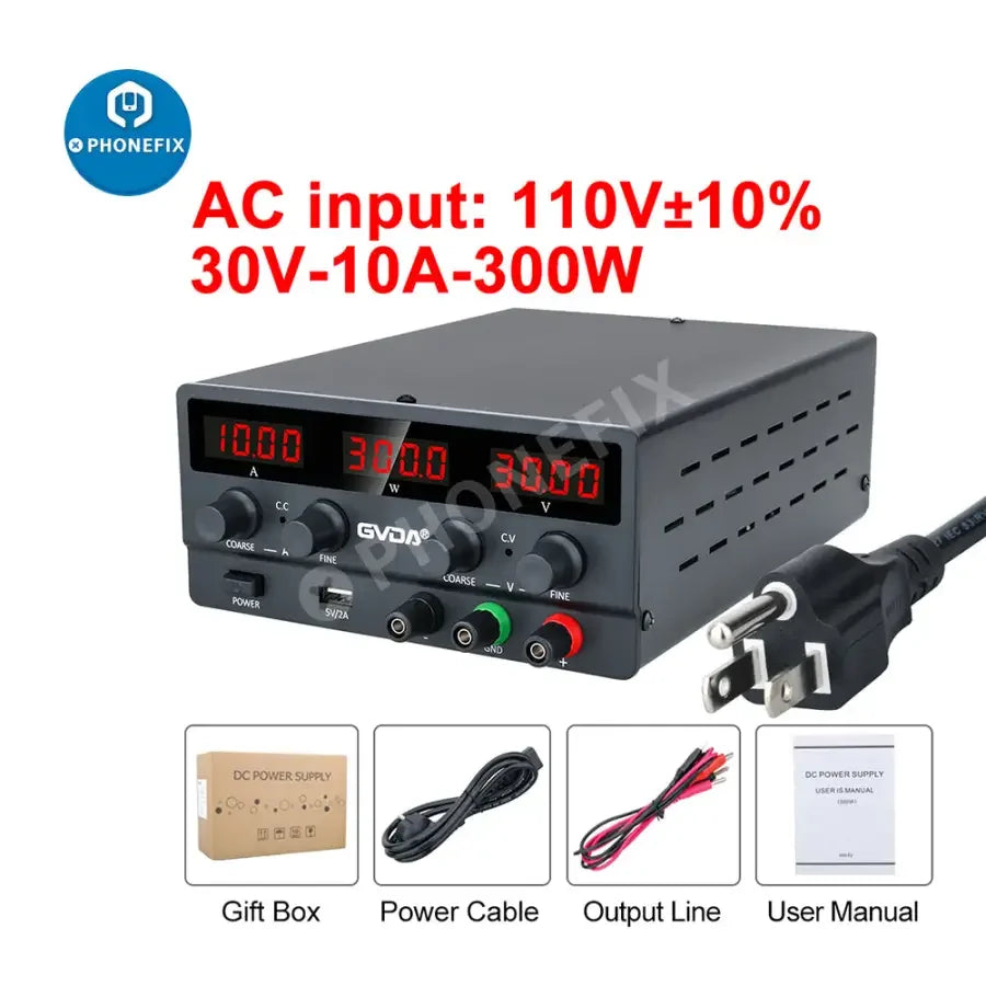 PHONEFIX USB DC regulated laboratory power supply with adjustable voltage and current, featuring US plug and digital display.