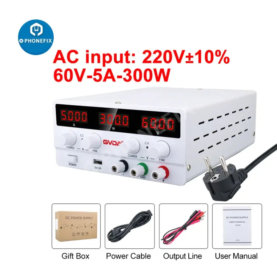 PHONEFIX USB DC regulated laboratory power supply with adjustable voltage and current, featuring a digital display and US plug interface.