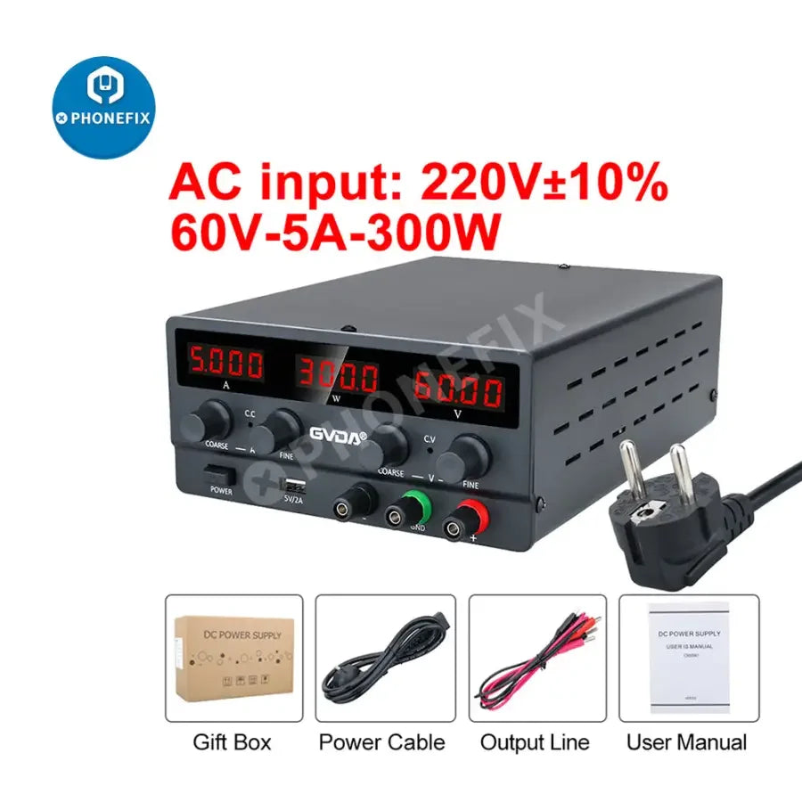 PhoneFix USB DC regulated laboratory power supply with adjustable voltage and current, featuring a digital display and US plug.