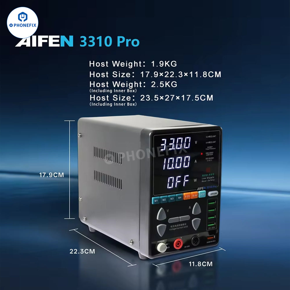 AIFEN 3310 PRO DC power supply for phone repair, 330W, 33V, 10A, black device with control knobs and display screen.