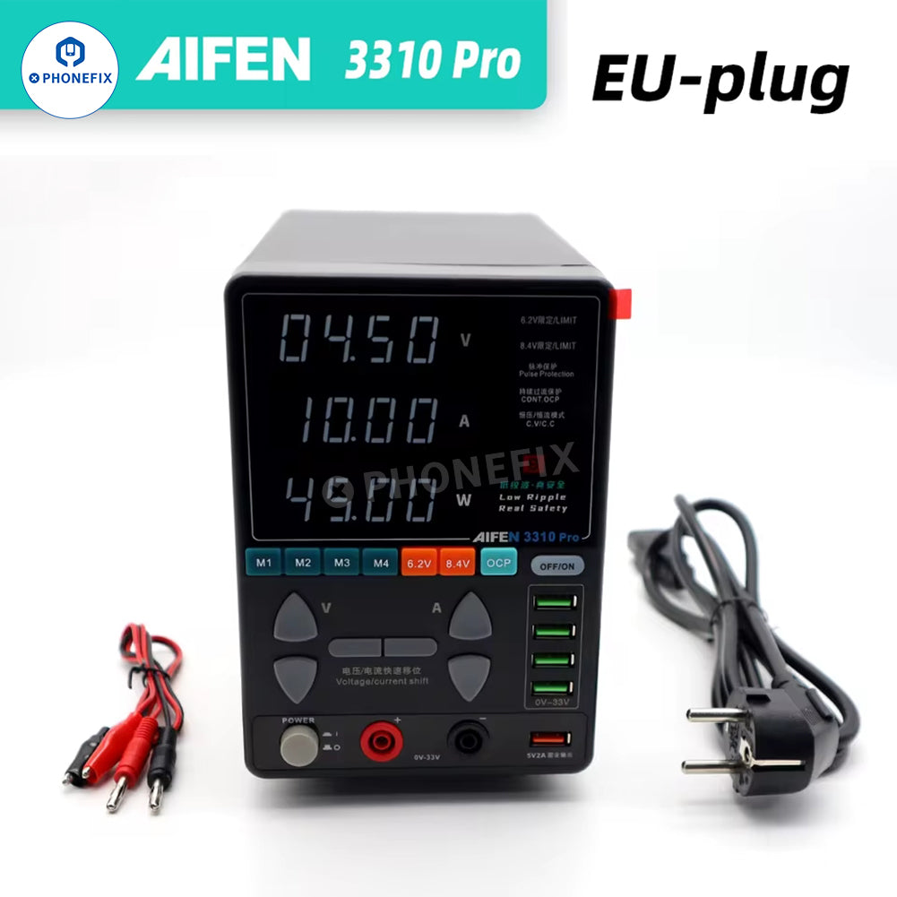 AIFEN 3310 PRO 330W DC power supply for phone repair, showing 33V and 10A output controls on a professional device.