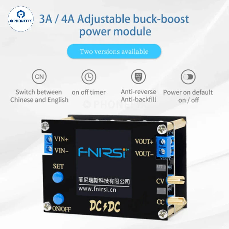 PHONEFIX DC power supply with FNIRSI DC-DC boost buck converter, 4A 50W, featuring cooling fan for adjustable voltage regulation