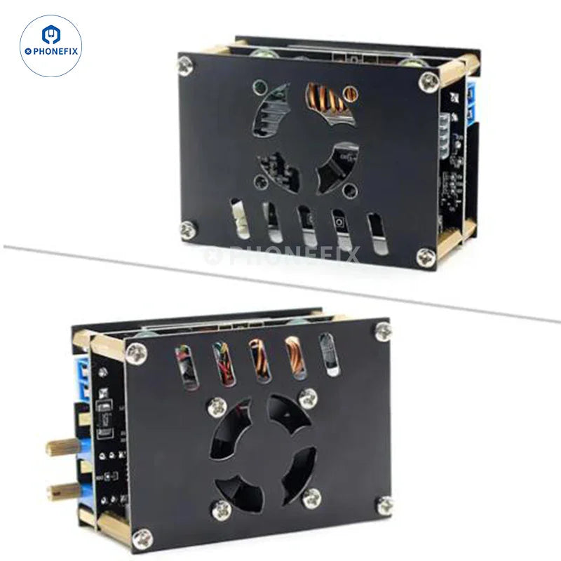 PHONEFIX DC power supply with FNIRSI DC DC boost buck converter, 4A, 50W, with cooling fan for stable voltage regulation.