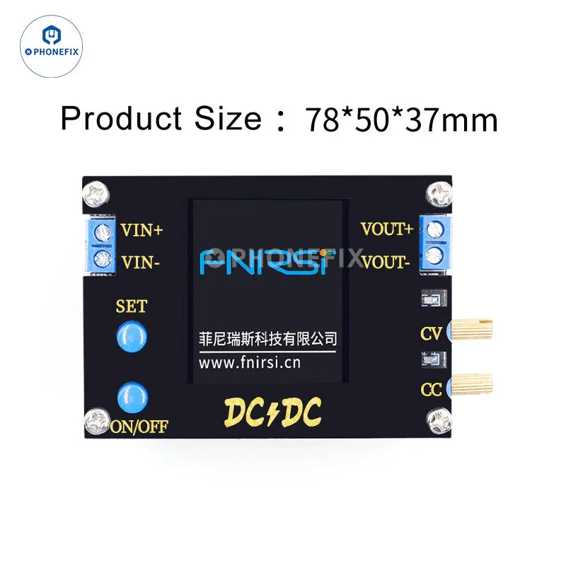 PHONEFIX DC Power Supply with FNIRSI DC DC Boost Buck Converter, 50W, 4A, compact design with fan for stable power regulation.
