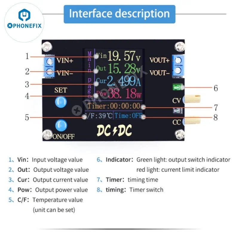 PHONEFIX DC Power Supply with fan, FNIRSI DC DC Automatic Boost Buck Converter CC CV module, compact and efficient for electronics projects.