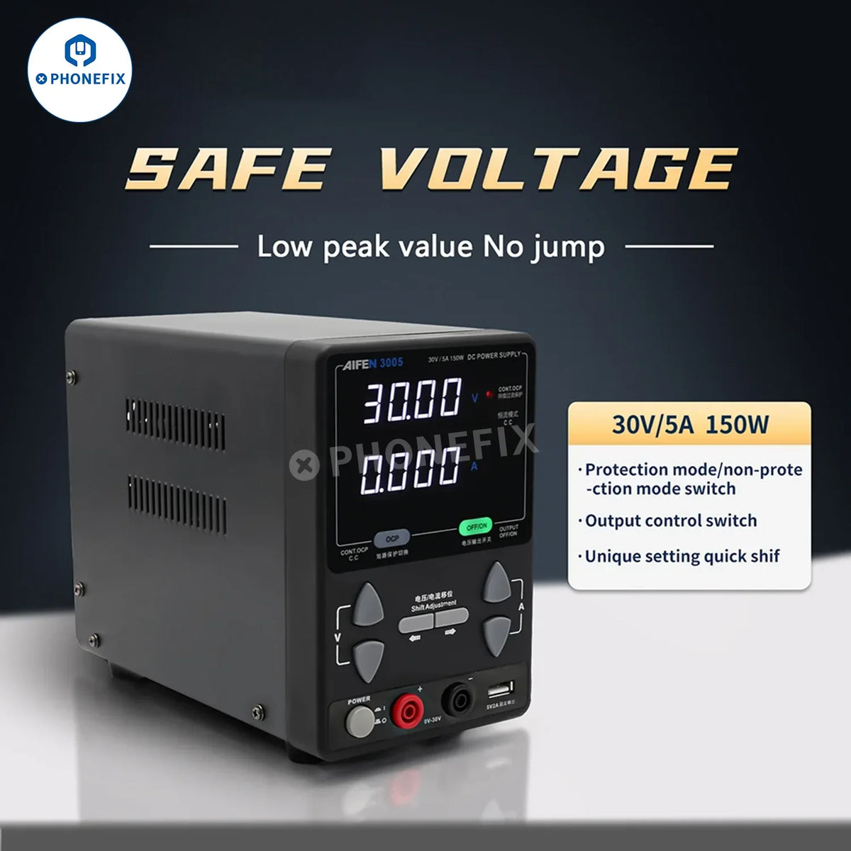 AIFEN 3005 intelligent 150W DC power supply with 4-digit display, 30V 5A output, by PHONEFIX, shown with digital controls.