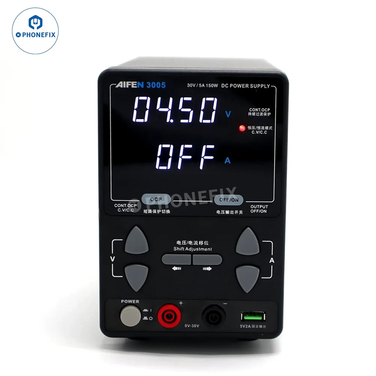 AIFEN 3005 intelligent 150W DC power supply with 4-digit display, 30V 5A, compact design and digital voltage/current readout.