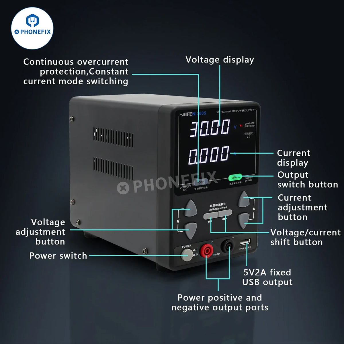 AIFEN 3005 intelligent DC power supply with 150W, 30V 5A output, 4-digit display, PHONEFIX brand, US plug, compact design
