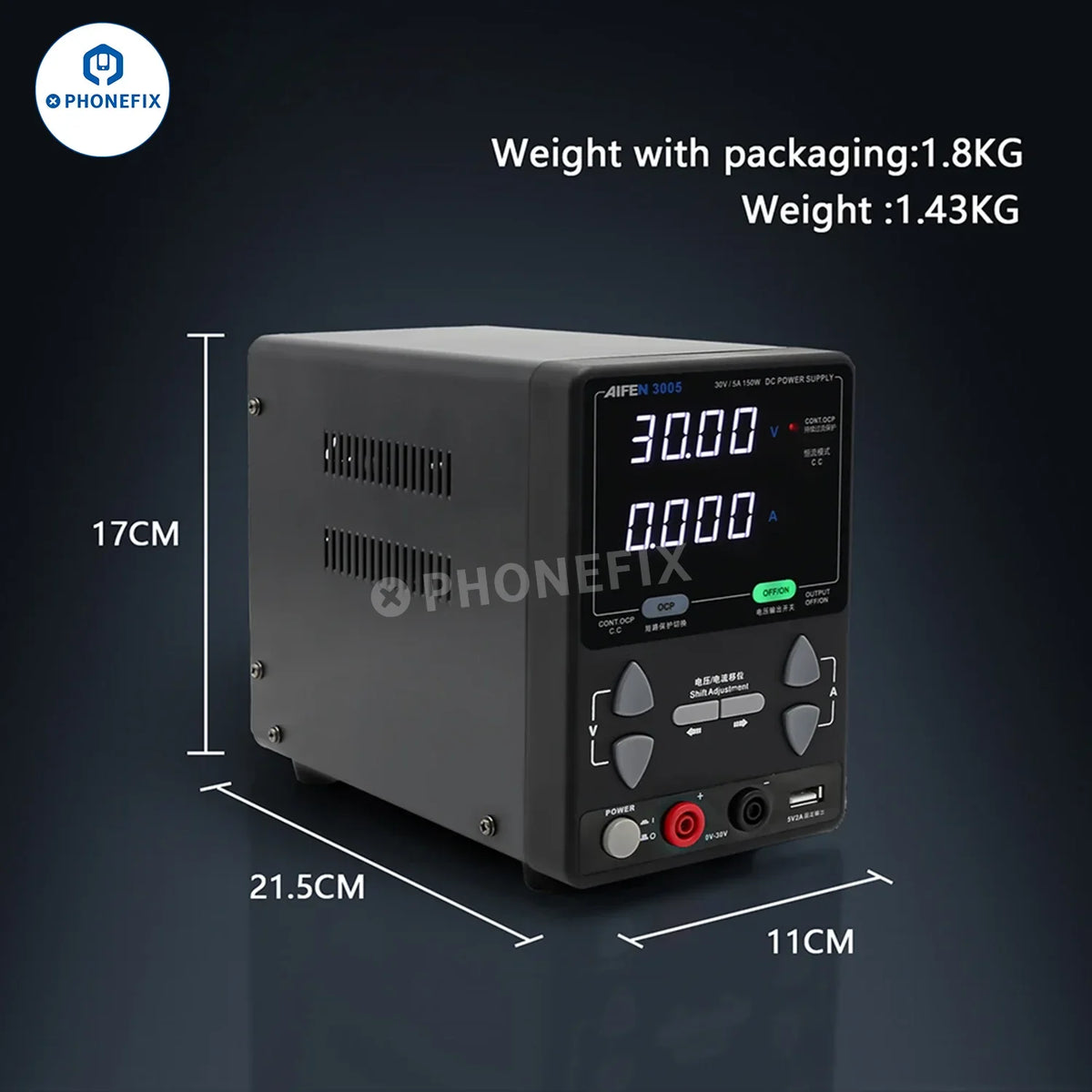 AIFEN 3005 intelligent 150W DC power supply by PHONEFIX with 30V 5A output and 4-digit digital display showing voltage and current