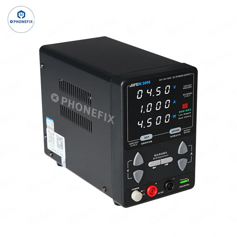 AIFEN 3006 30V 6A 180W DC power supply for mobile repair, PHONEFIX branded device with adjustable voltage and current settings.
